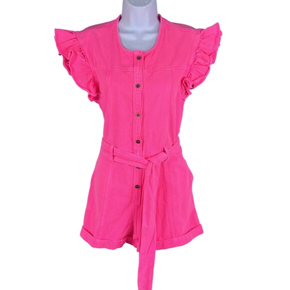Day + Moon NWT Womens S Barbiecore Pink Denim Romper Ruffle Sleeve Beachy Girly - Picture 1 of 16